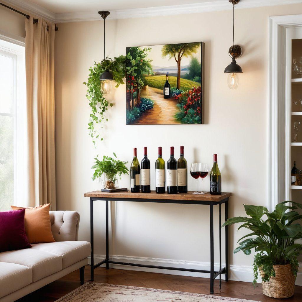 A stylish interior featuring a beautifully arranged wine corner with elegant glassware, vibrant wine bottles, and a canvas painting that portrays wine landscapes. Incorporate lush greenery with hanging plants to enhance the artistic vibe. Use soft, warm lighting to create a cozy atmosphere that invites relaxation and enjoyment. The room should reflect a fusion of modern design with artistic touches. super-realistic. warm colors. elegant decor.