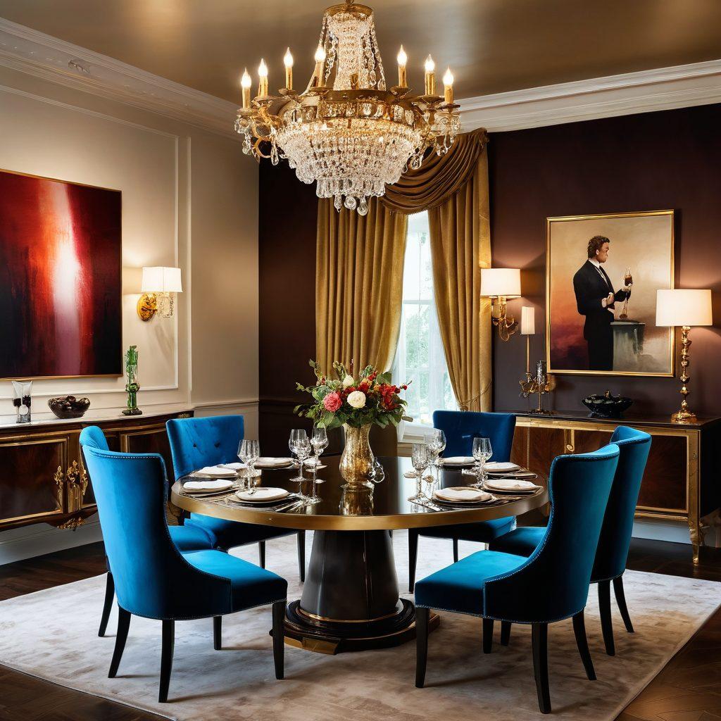 Visualize a lavish dining room with a grand table set for an exquisite wine tasting, surrounded by elegant artworks on the walls. Incorporate a luxurious chandelier casting a warm glow, fine wine bottles and crystal glasses artfully arranged, and plush velvet seating. Add touches of opulence with gold accents and rich textures, creating an atmosphere of sophistication and artistic flair. super-realistic. vibrant colors. elegant style.