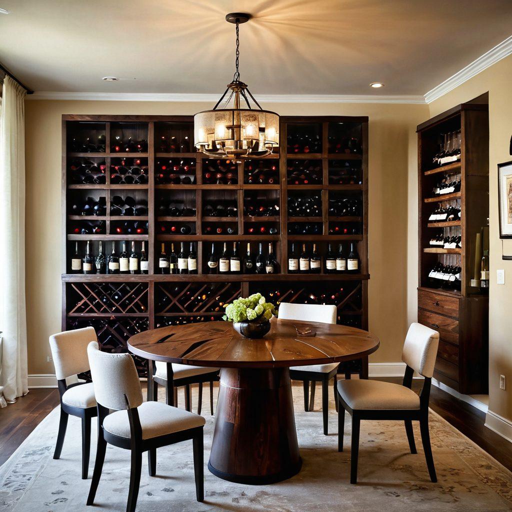 A luxurious dining room featuring elegant wine racks filled with diverse wine bottles, soft ambient lighting illuminating handcrafted wooden furniture, and stylish wine glasses arranged on a beautifully set table. Artful wine-themed decor elements, such as vintage posters or wine barrel accents, add a unique touch. The room exudes a warm and inviting atmosphere, ideal for wine enthusiasts.  super-realistic. vibrant colors. cozy ambiance.